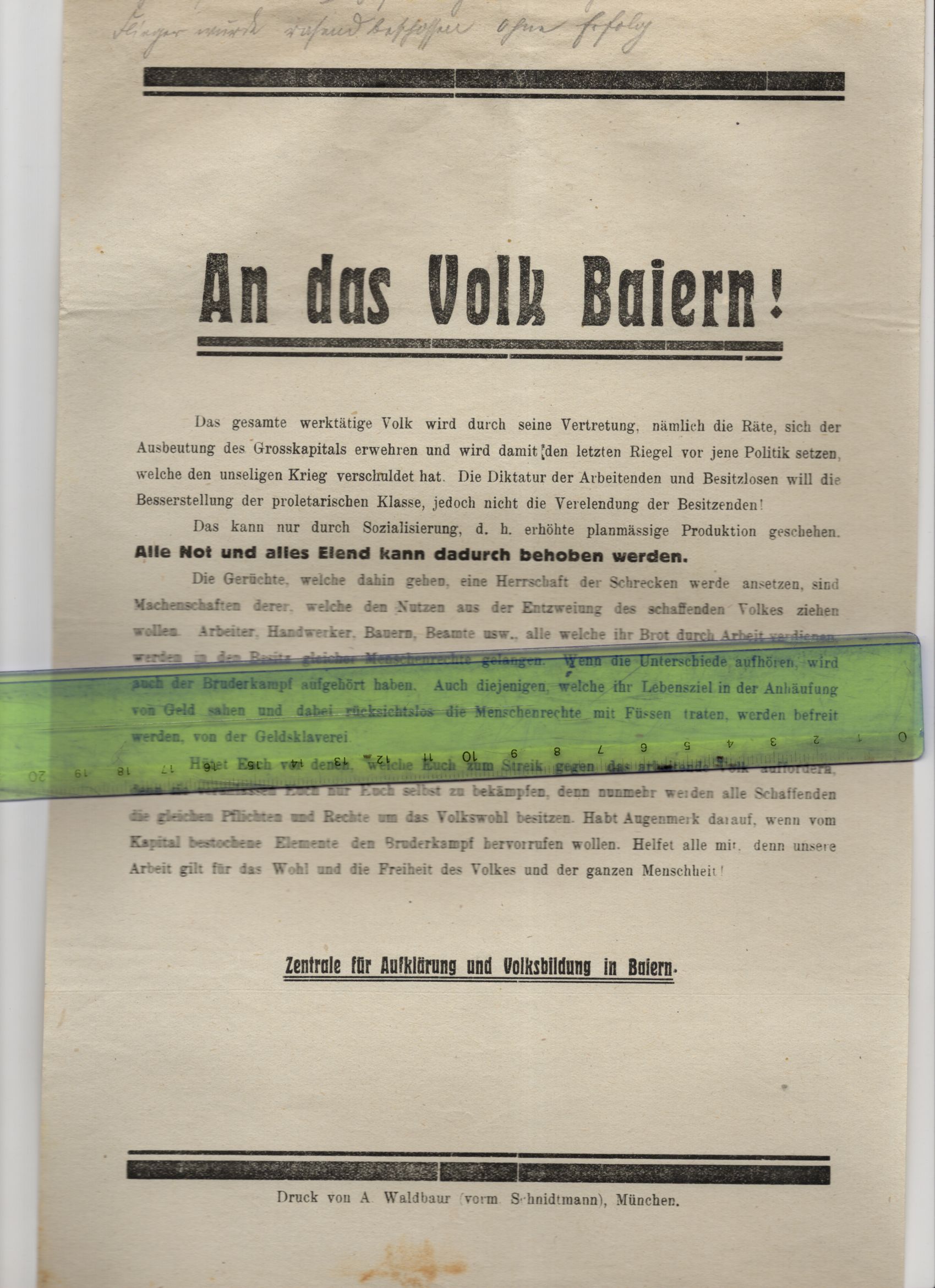 Altes Flugblatt An der Volk Bayern Abwurf unter Beschuss 1919