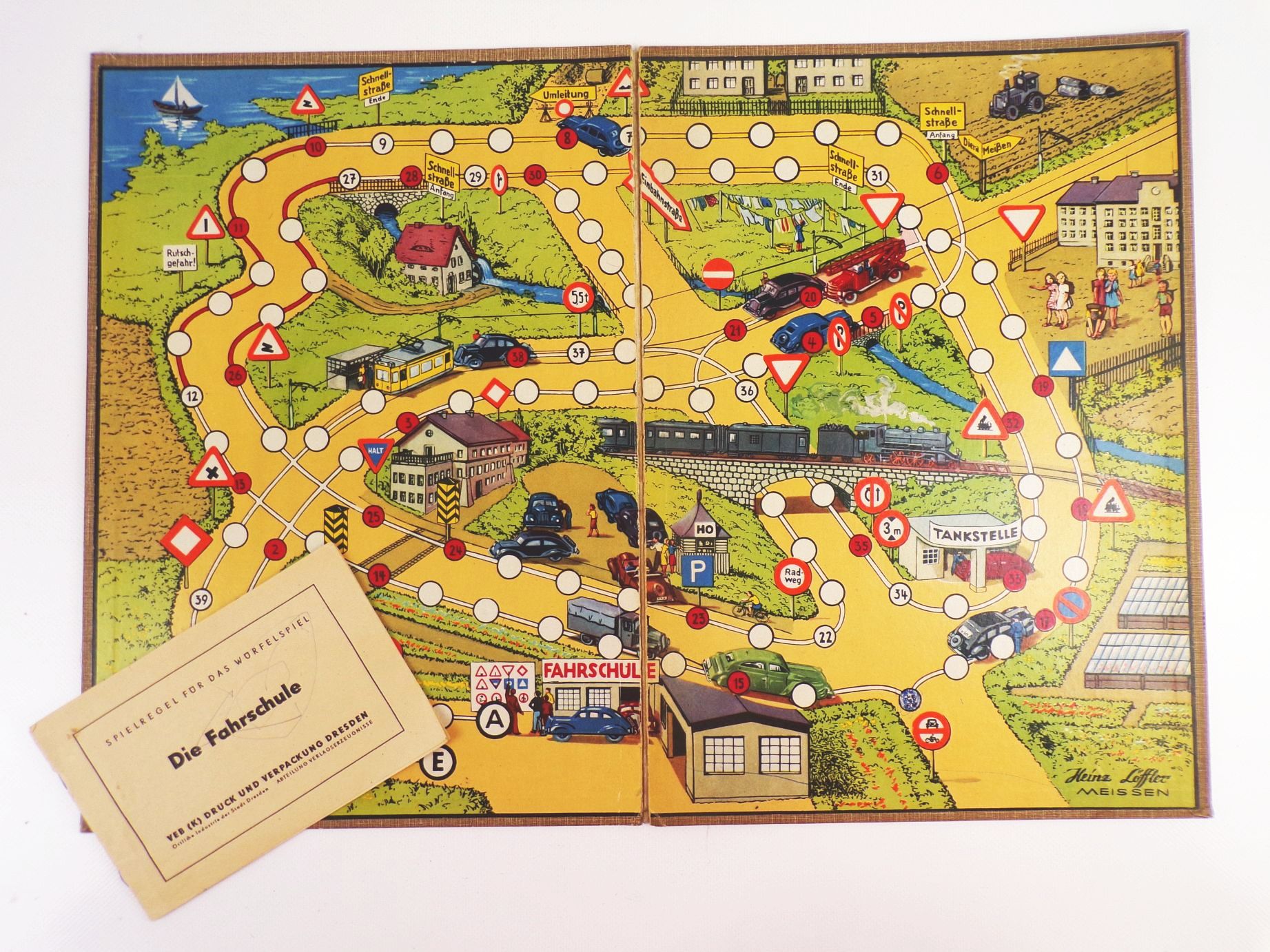 Brettspiel Die Fahrschule Würfelspiel Heinz Löffler Meissen 1956 DDR