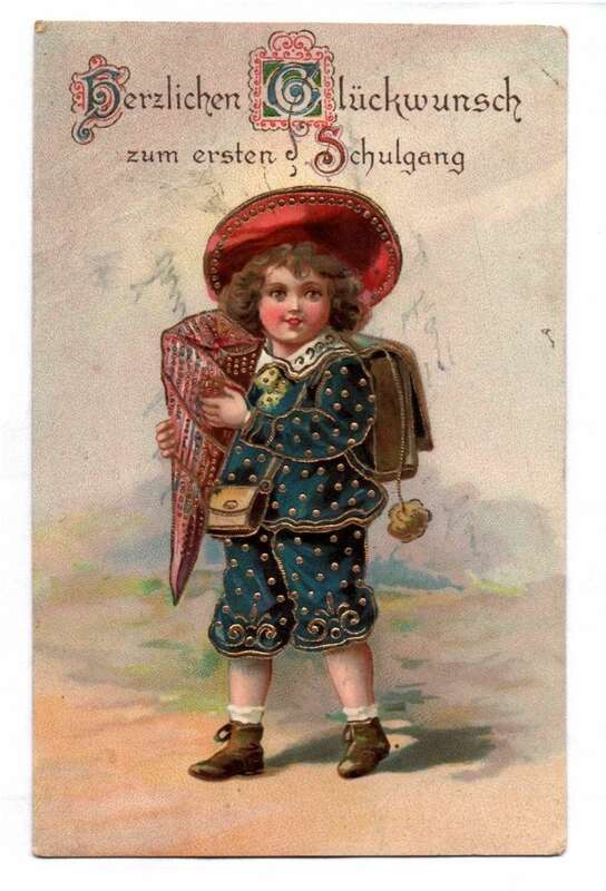 Schulanfang Ak Bube fein angezogen Schulranzen Schultüte 1913