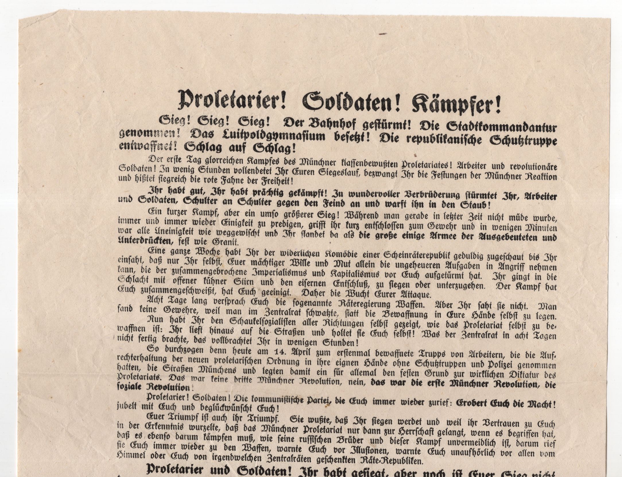 Politisches Flugblatt 1919 Proletarier KPD SPD Werner München Bahnhof gestürmt