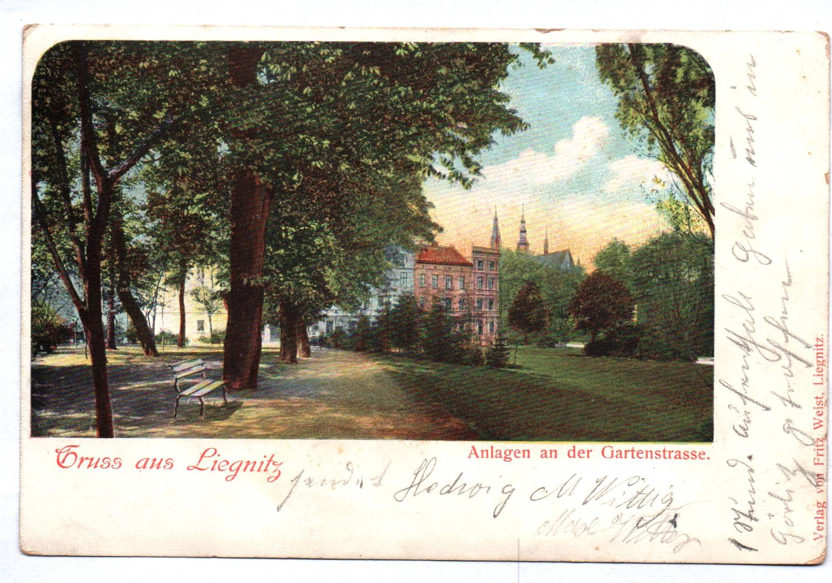 Litho Ak Gruss aus Liegnitz Anlagen an der Gartenstrasse 1906