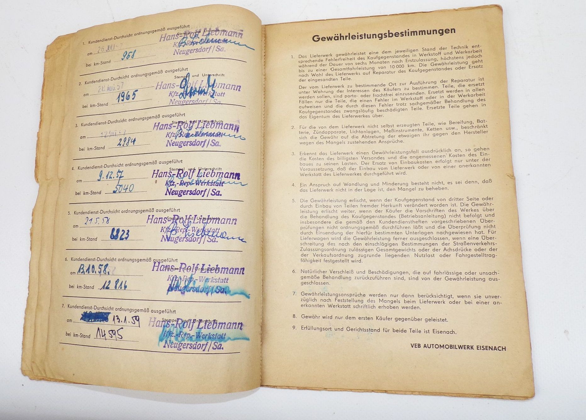 Kundendienstheft Wartburg Personen Kraftwagen 1957 PKW Oldtimer