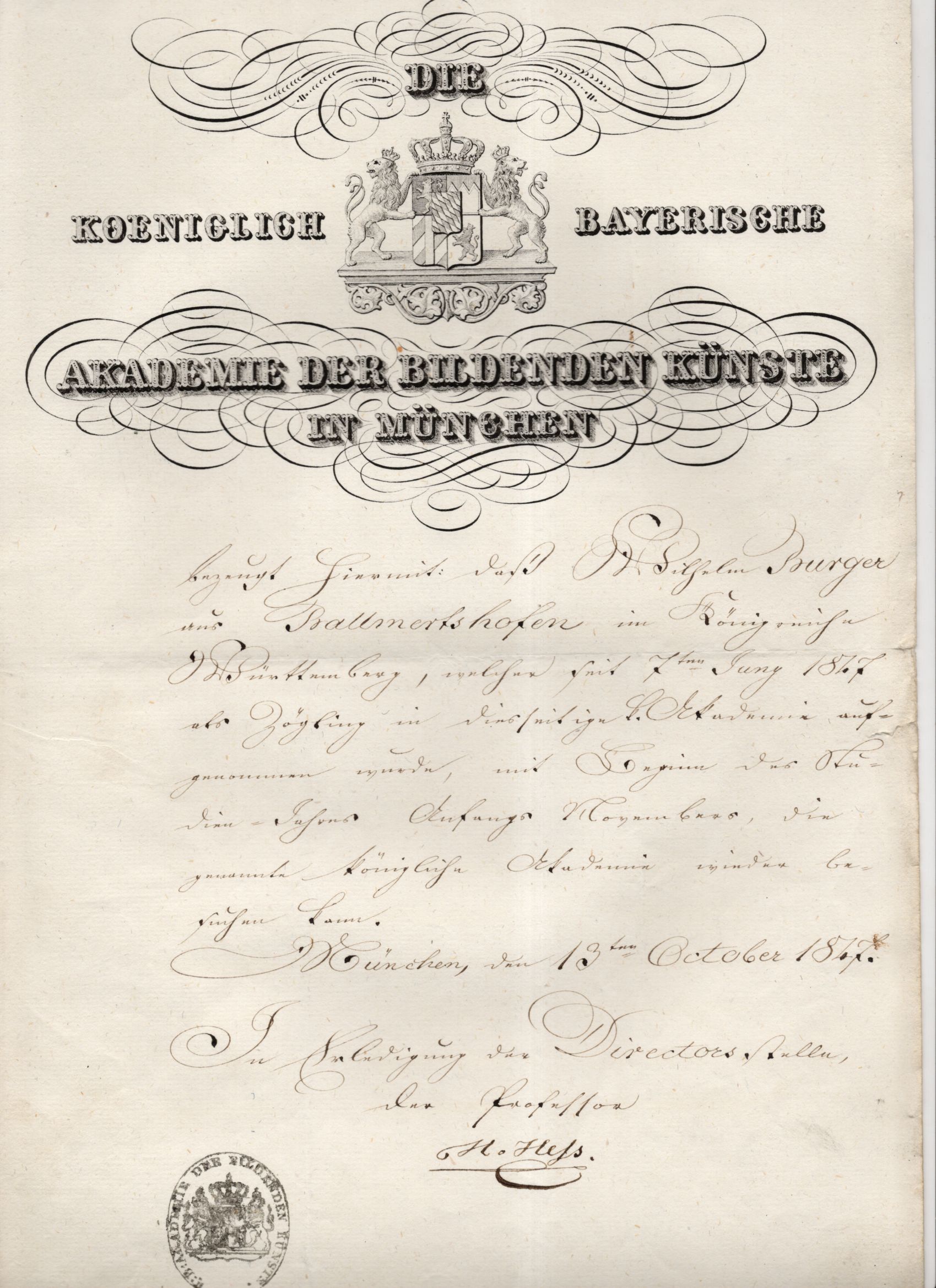 Dokument kgl bayerische Akademie der bildenden Künste München 1847 Zeugnis