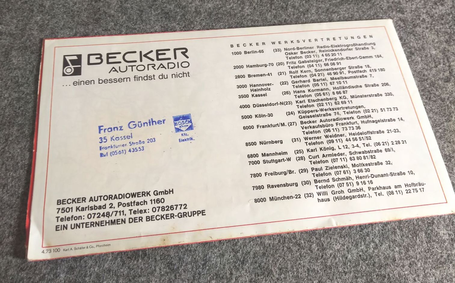 Becker Autoradio Werbekarte Deutschland Radio Modelle Becker Autoradio Werbekarte Deutschland Radio Modelle