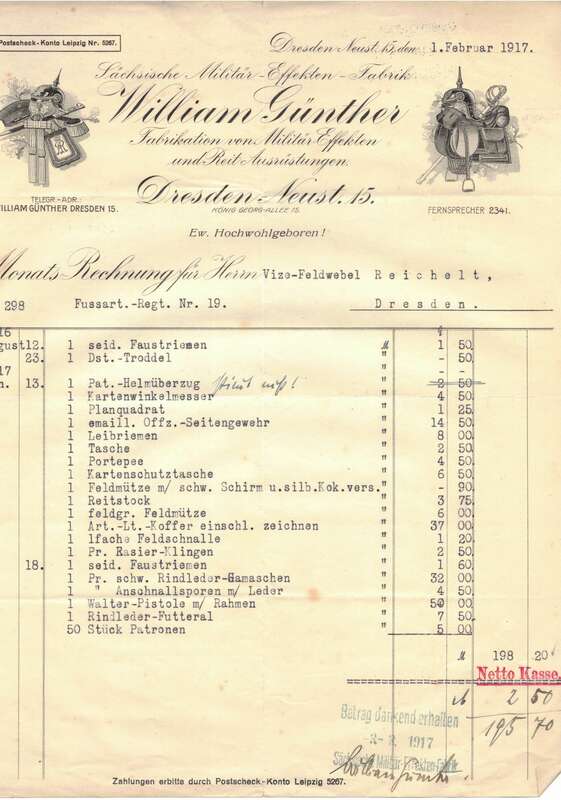 Konvolut Rechnungen Litho William Günther Dresden Militär Effekte  1917