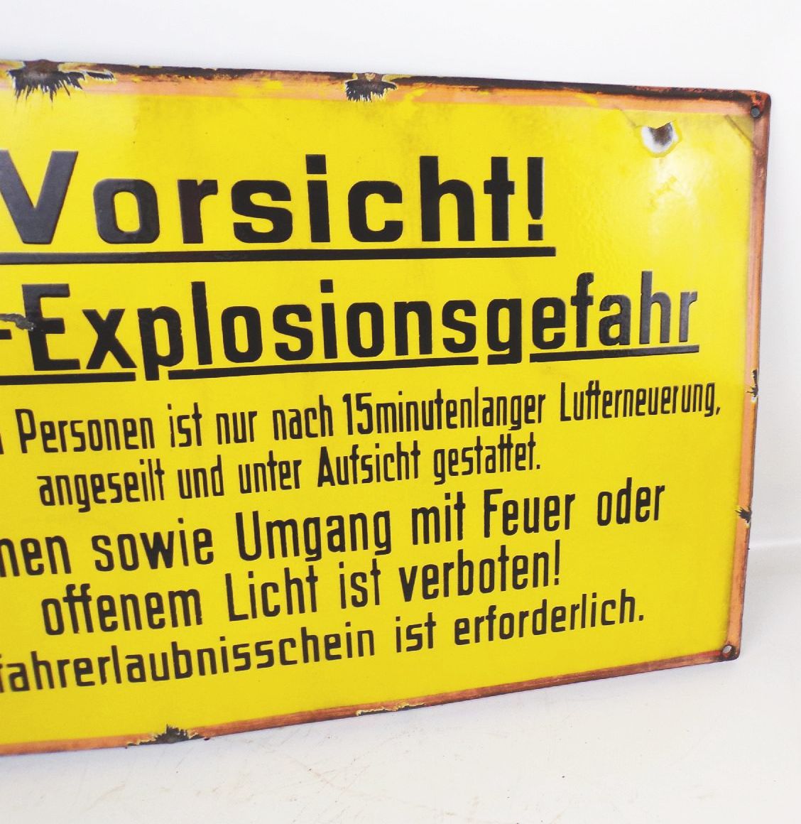 Altes Emaille Warnschild Vorsicht Gas Explosionsgefahr Schrift Emailschild