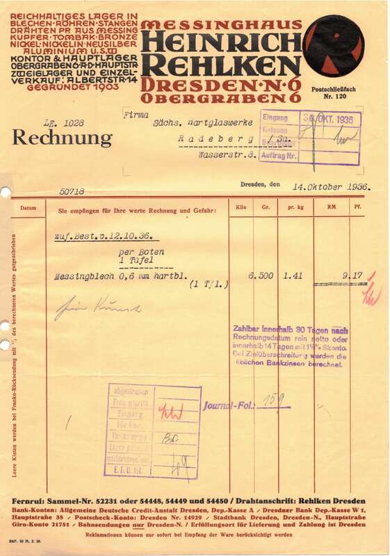 Messinghaus Heinrich Rehlken Dresden N6 1936 Rechnung 