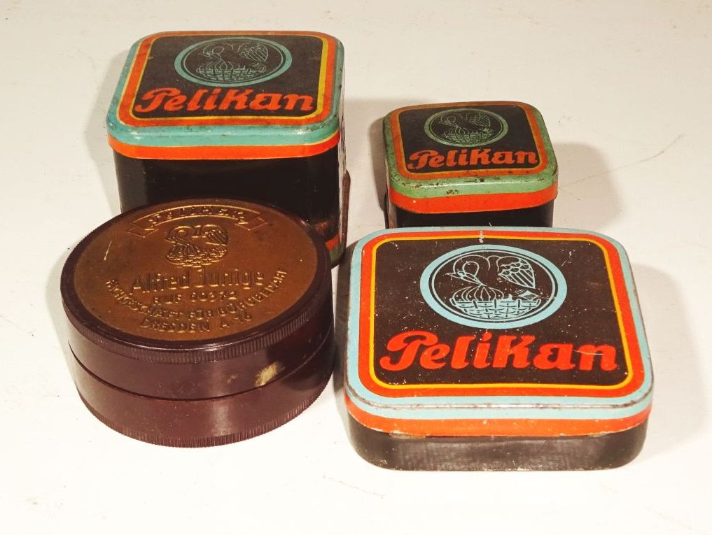 Alte Pelikan Blechdosen Bakelitdose 4 Stück 1930er 