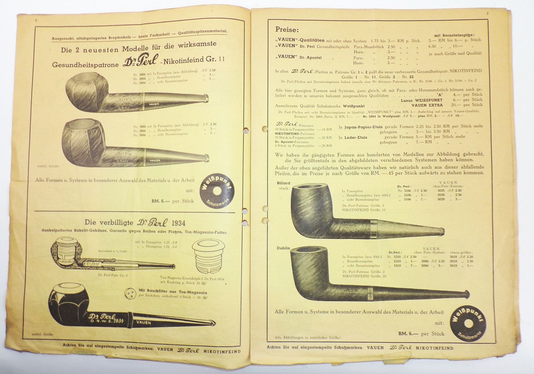 Reklame Prospekt Vauen Pfeife pipes Nürnberg Dr Perl 1930er 