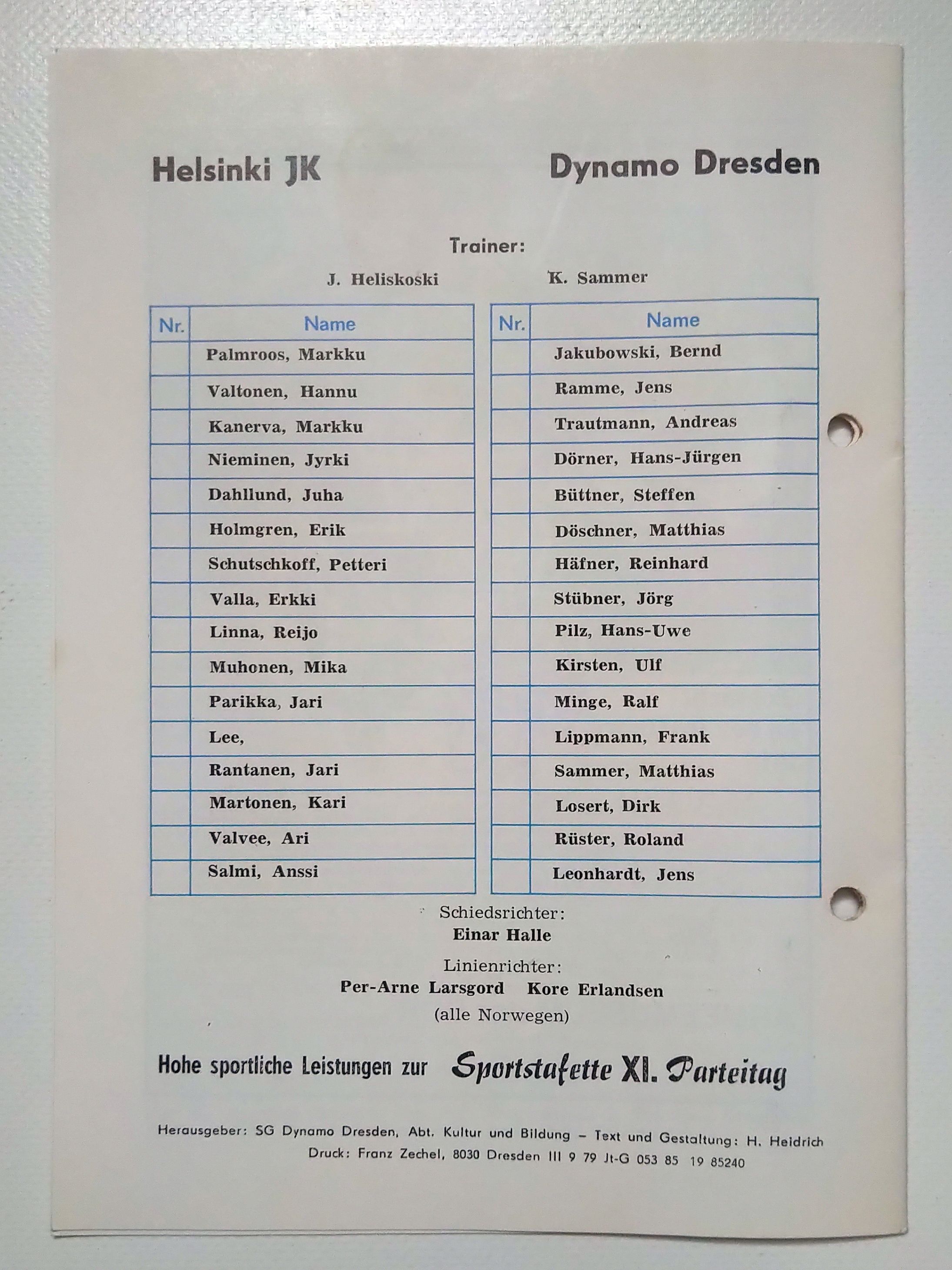 Fußball Programmheft Helsinki JK gegen Dynamo Dresden 1985