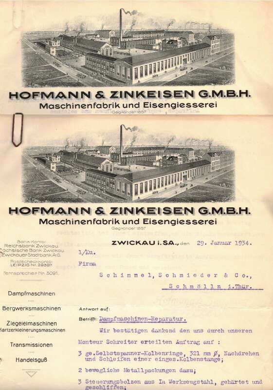 Litho Rechnung Hofmann Zinkeisen Maschinenfabrik Eisengiesserei Zwickau 1934