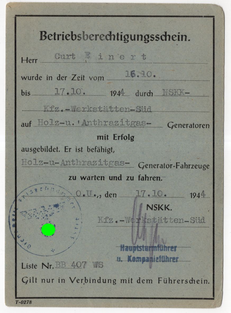 NSKK Berechtigungsschein Generator Fahrzeuge 1944 