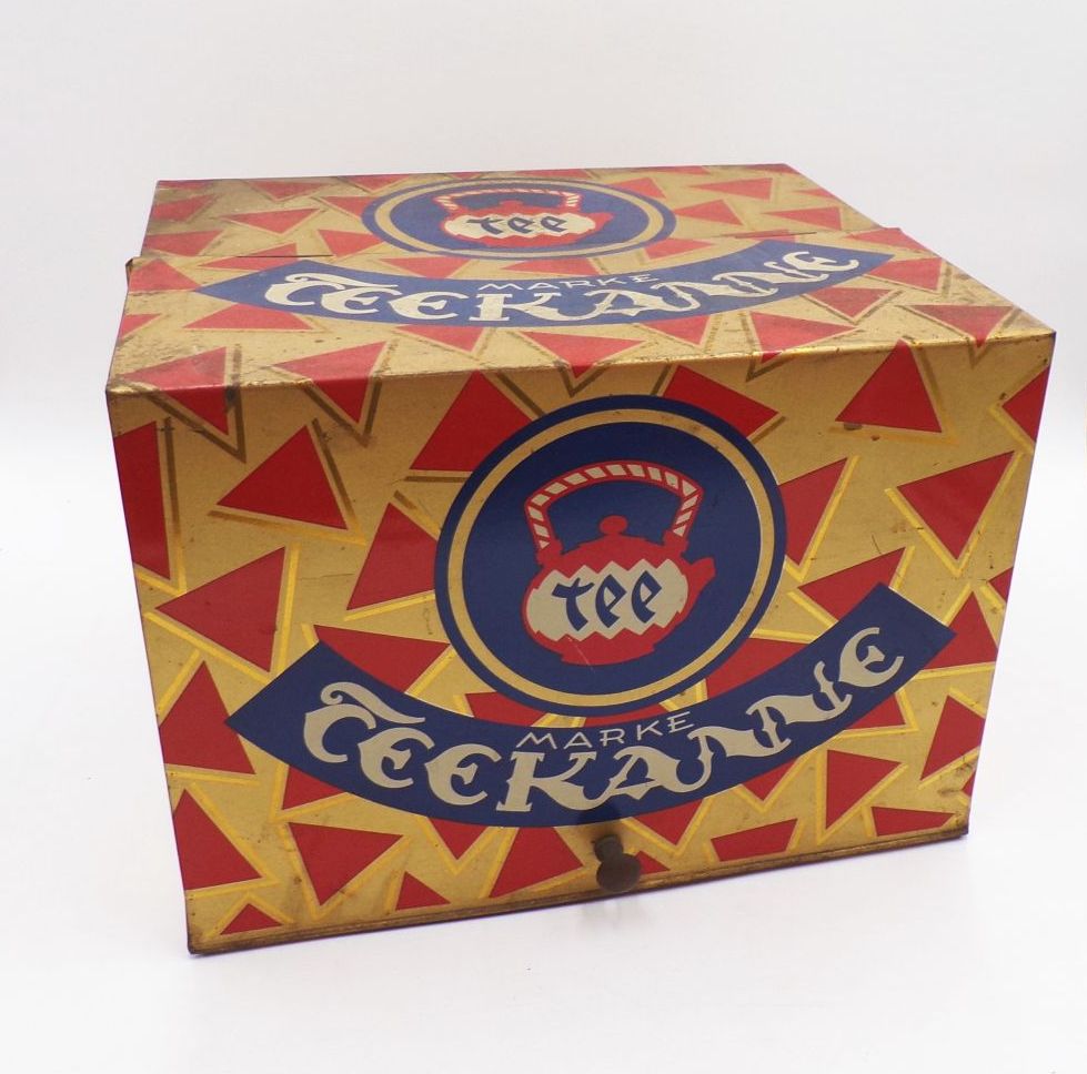 Teekanne Verkaufskasten Verkaufsvitrine Antik aus Blech 1930 er Reklame 