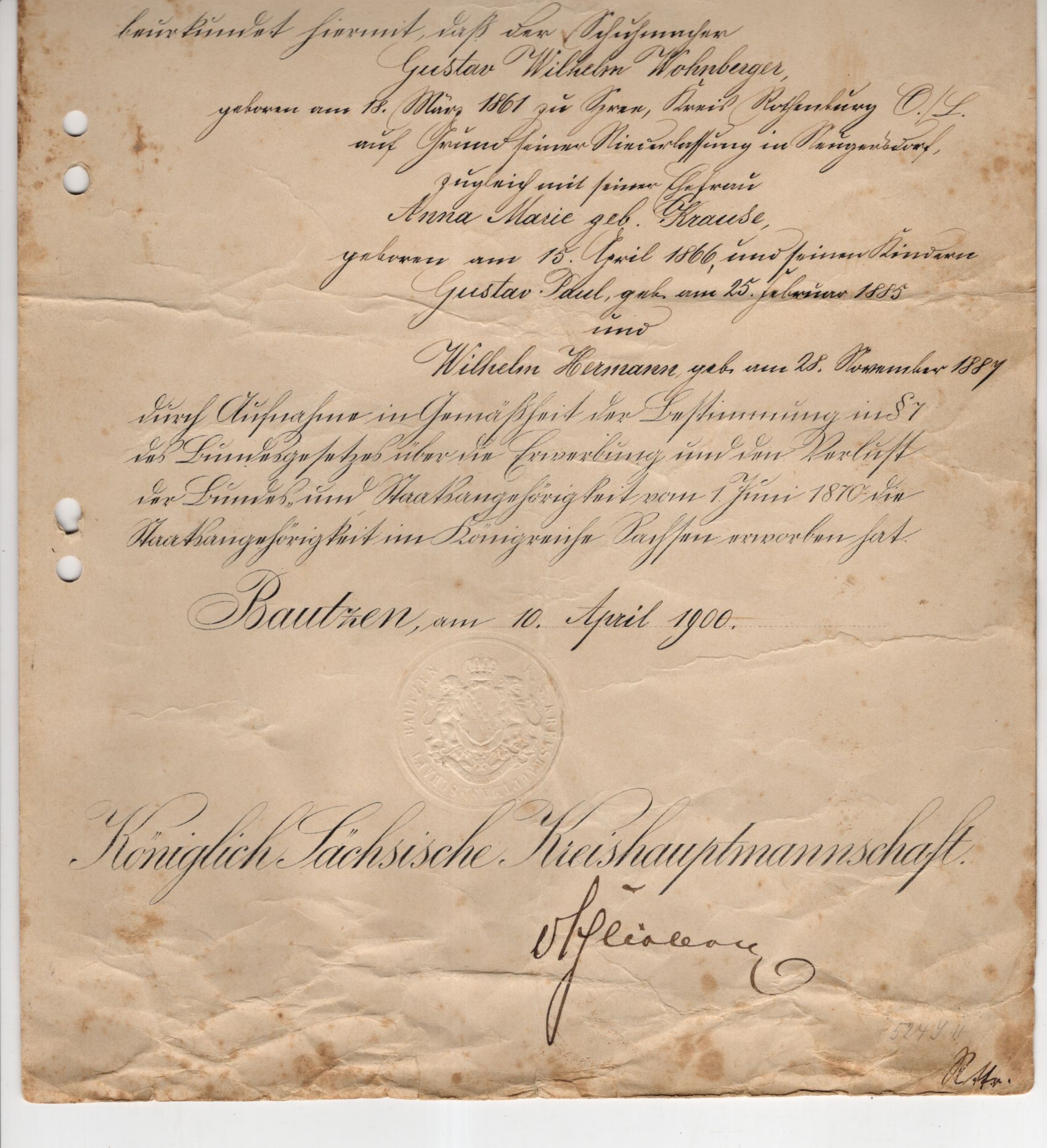 Aufnahme Urkunde Bautzen 1900 Staatsangehörigkeit Sachsen Aufnahme Urkunde Bautzen 1900 Staatsangehörigkeit Sachsen