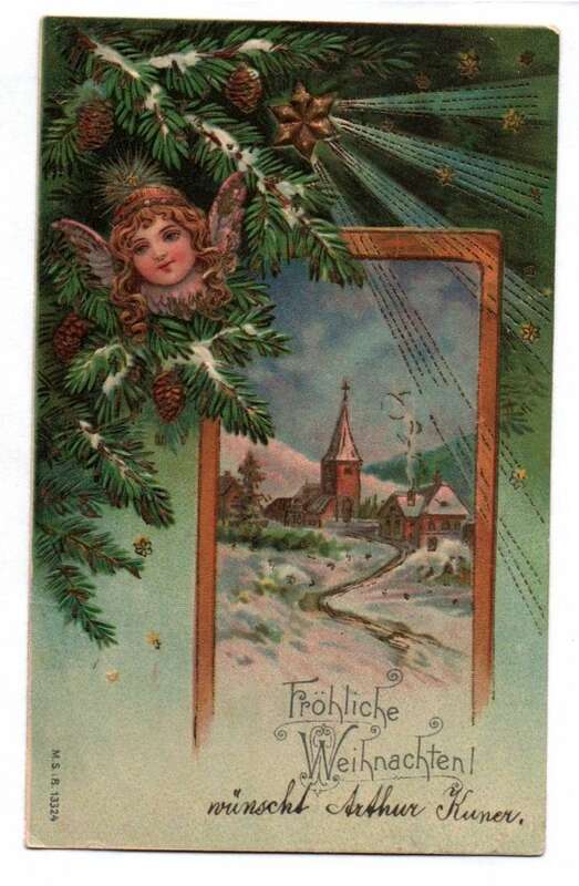 Postkarte Fröhliche Weihnachten Engel Tannenzweig Kirche 1903