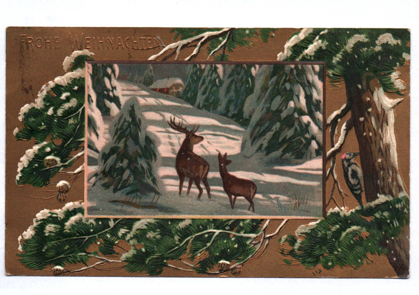 Ak Rehe Winter gold geprägt 1912 fröhliche Weihnachten Ak Rehe Winter gold geprägt 1912 fröhliche Weihnachten