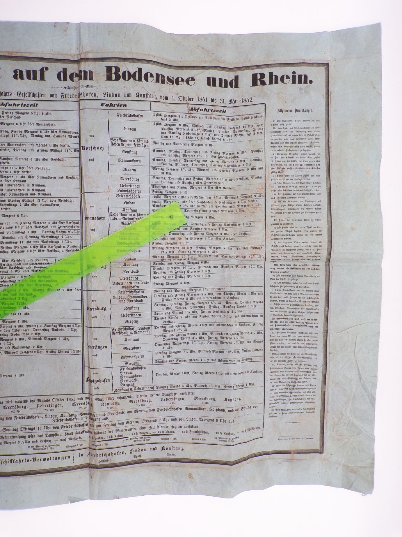 Alter Fahrplan Dampfschifffahrt aus den Bodensee und Rhein 1852 Alter Fahrplan Dampfschifffahrt aus den Bodensee und Rhein 1852