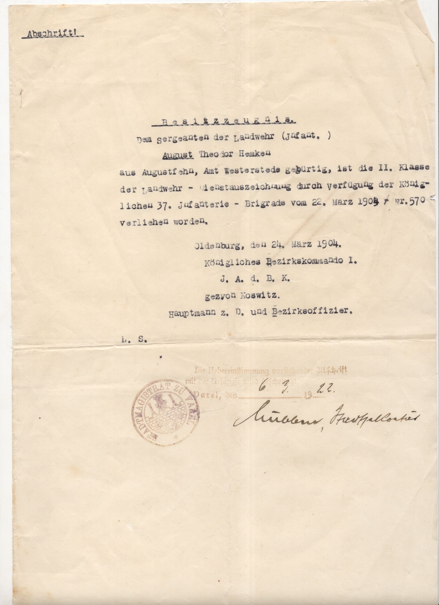 Abschriften Urkunde 1 Wk Armierungsbataillon 184 Hannover 1919 Varel Abschriften Urkunde 1 Wk Armierungsbataillon 184 Hannover 1919 Varel