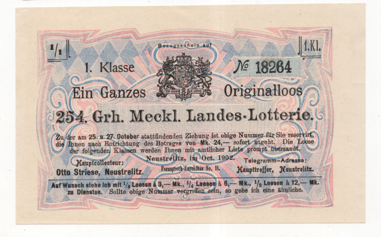 Lotterielos Großherzoglich Mecklenburgische Landes Lotterie 1902 Neustrelitz