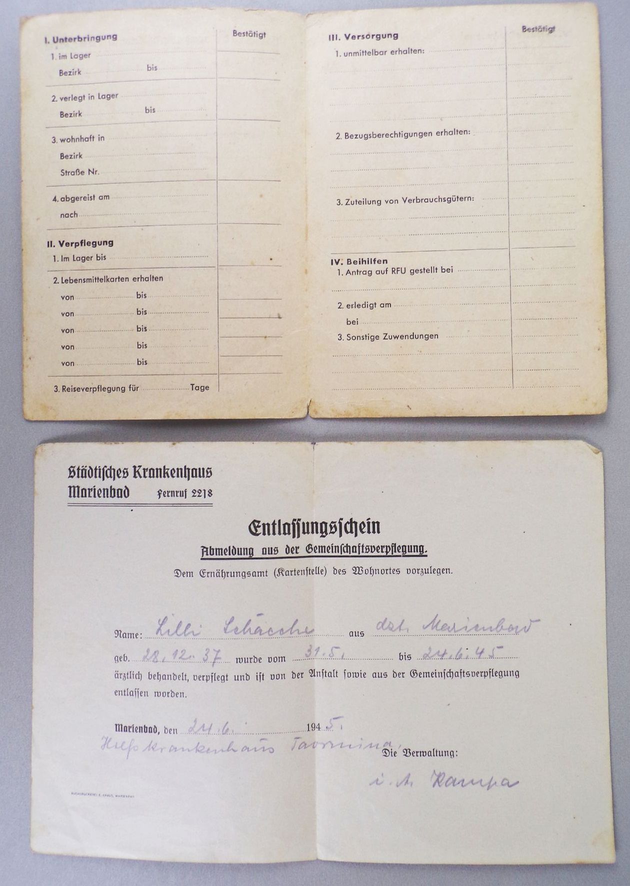 Ausweis und Betreuungsnachweis für Rückgeführte 1945 Rakonitz Böhmen Ausweis und Betreuungsnachweis für Rückgeführte 1945 Rakonitz Böhmen