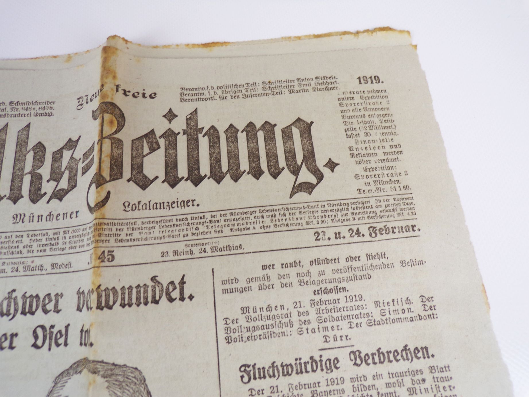 Volkszeitung 1919 Minister Auer schwer verwundet Osel tot Eisner ermordet Volkszeitung 1919 Minister Auer schwer verwundet Osel tot Eisner ermordet