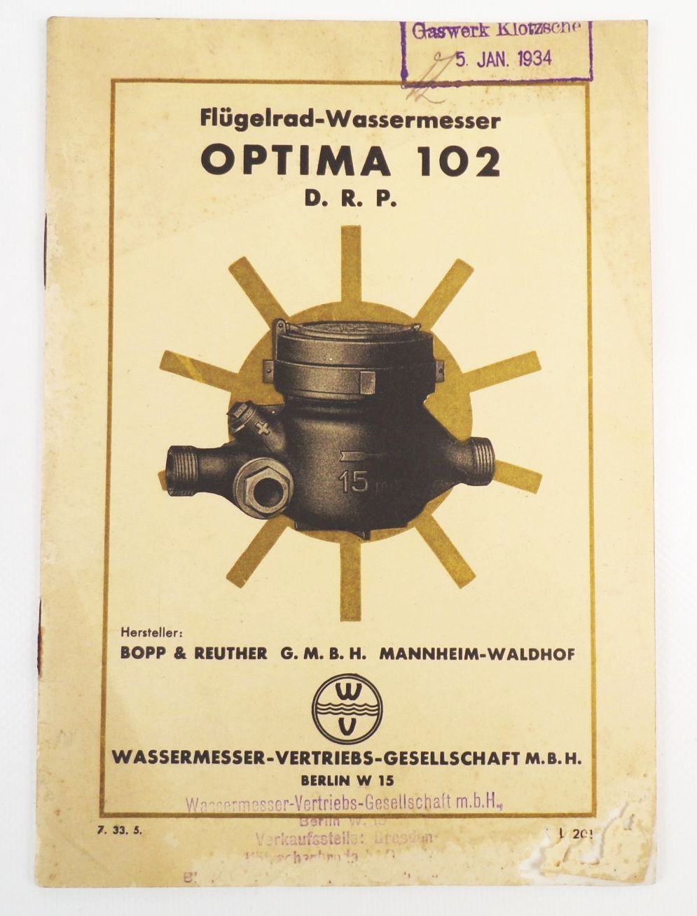 Flügelrad Wasserzähler Optima 102 Bopp Reuther Mannheim Waldhof 1933 Flügelrad Wasserzähler Optima 102 Bopp Reuther Mannheim Waldhof 1933