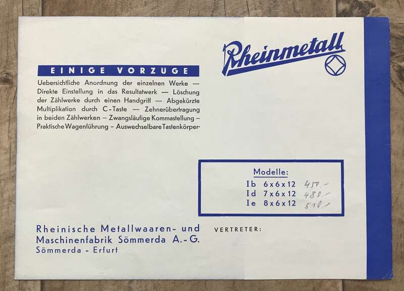 Original Rheinmetall Werbeblatt die preiswerte Rechenmaschine Broschüre