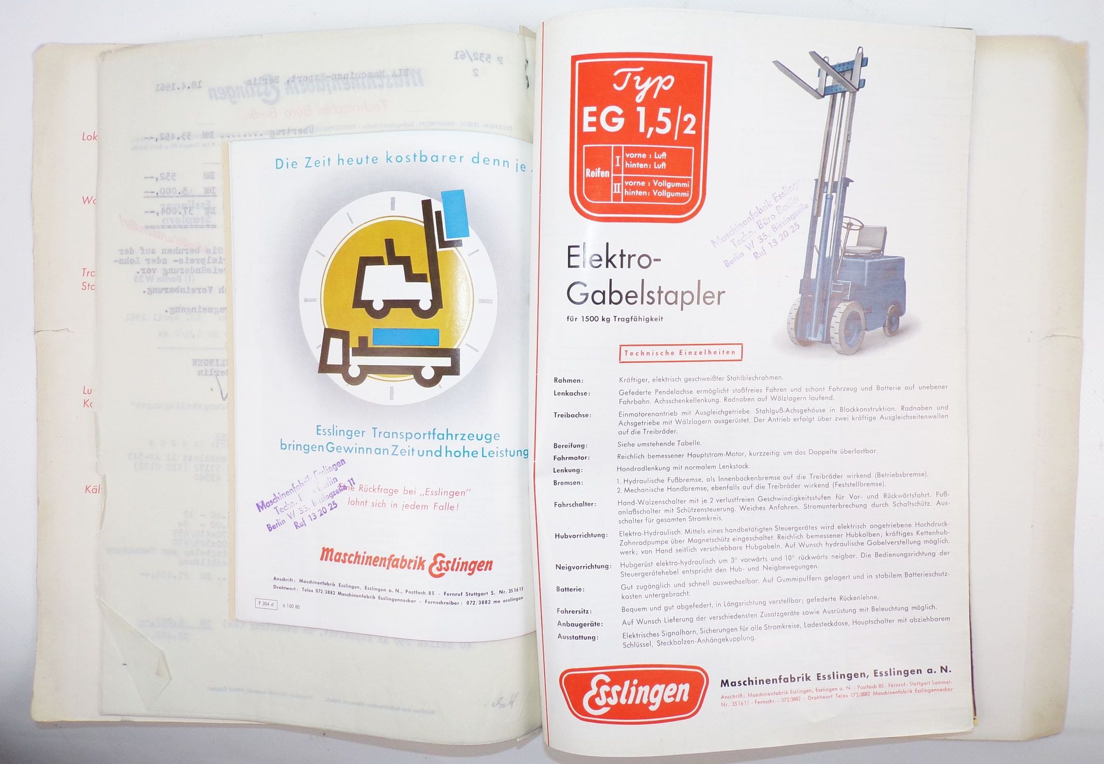 Maschinenfabrik Esslingen Gabelstapler 1961 Transportfahrzeuge Berlin Mappe 