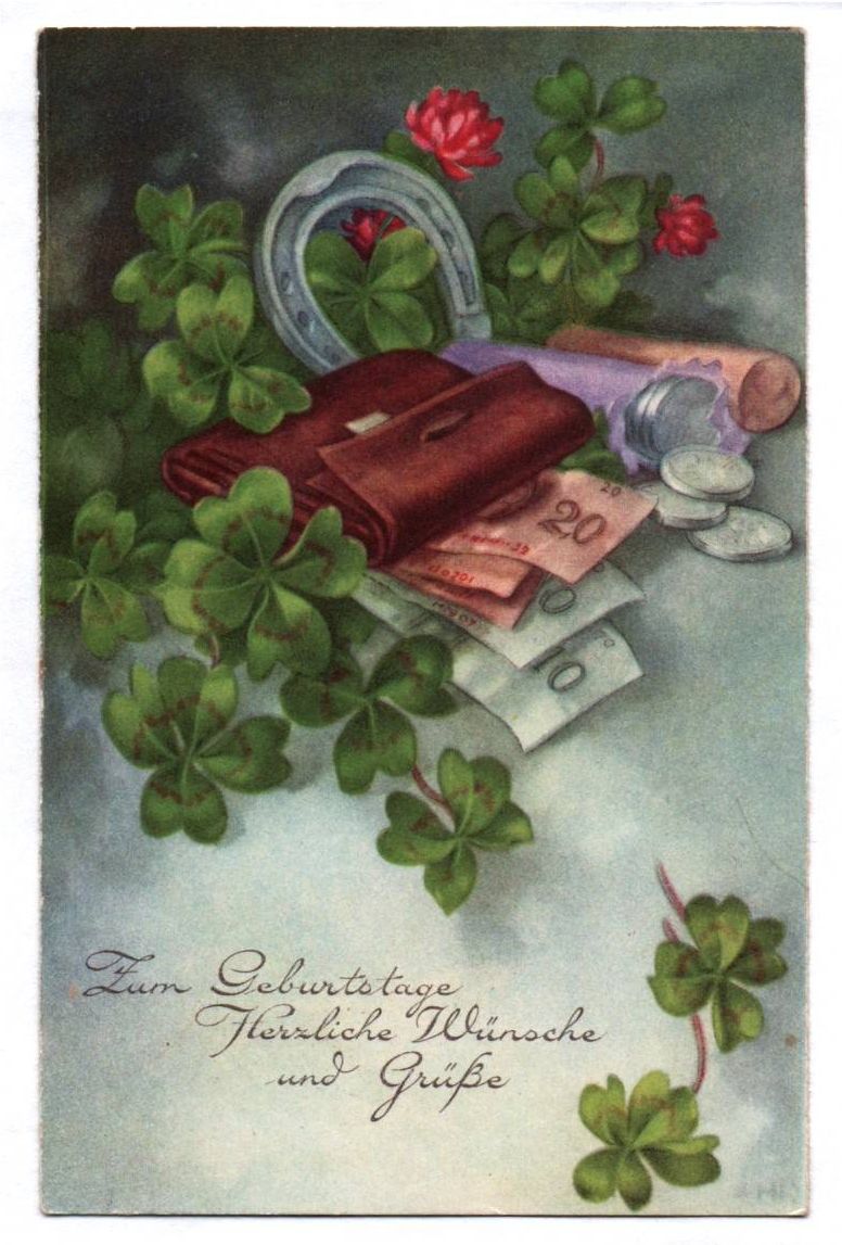 Postkarte volle Geldbörse Klee Hufeisen wohl Hannes Petersen 