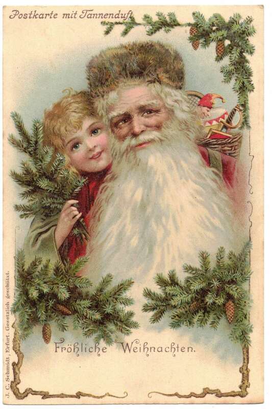 Litho Ak Weihnachtsmann mit Kind Tannenzweige um 1900 