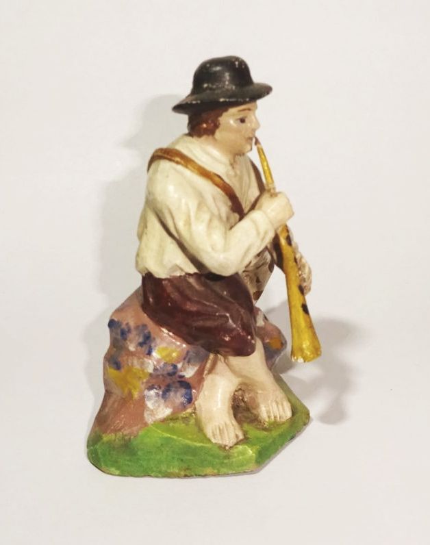 Geschnitzte Krippenfigur Flötenspieler mit Hund Hirte Lindenholz Uralt