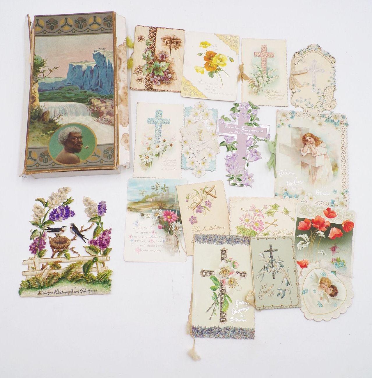 Konvolut Schmuckpapier Klappkarten geprägt um 1900 Jugendstil Schachtel