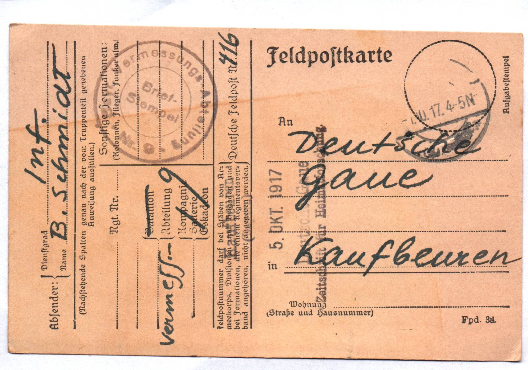 Feldpostkarte Vermessung Abteilung Nr 9 Stempel 1917 Deutsche Gaue Kaufbeuren