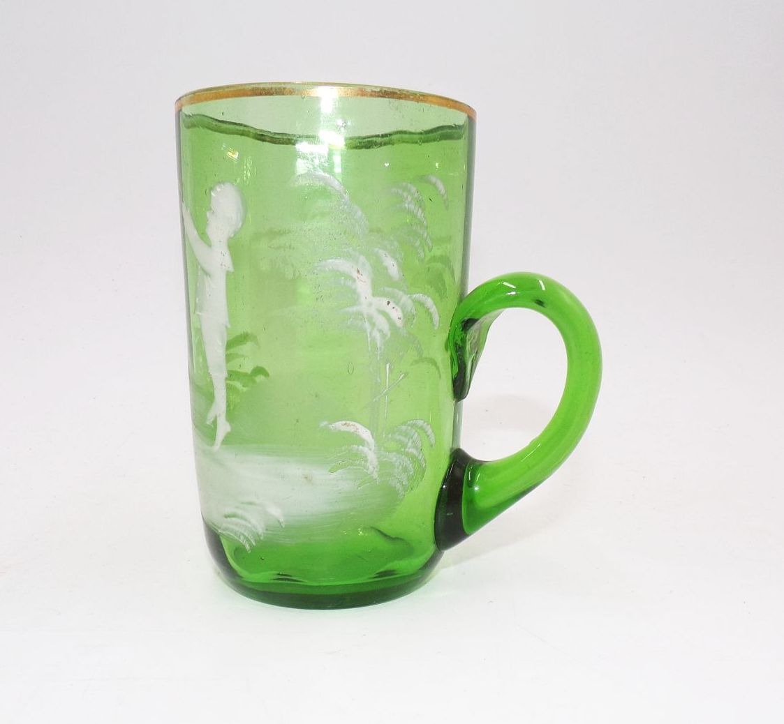 Altes Glas Schneemalerei um 1900 grün weiß Antik Altes Glas Schneemalerei um 1900 grün weiß Antik