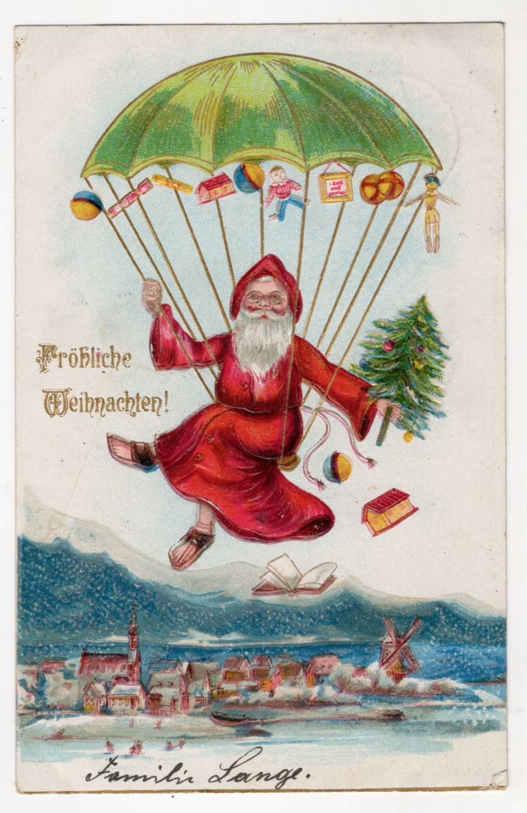 Präge Ak Weihnachtsmann mit Fallschirm Fröhliche Weihnachten geprägt
