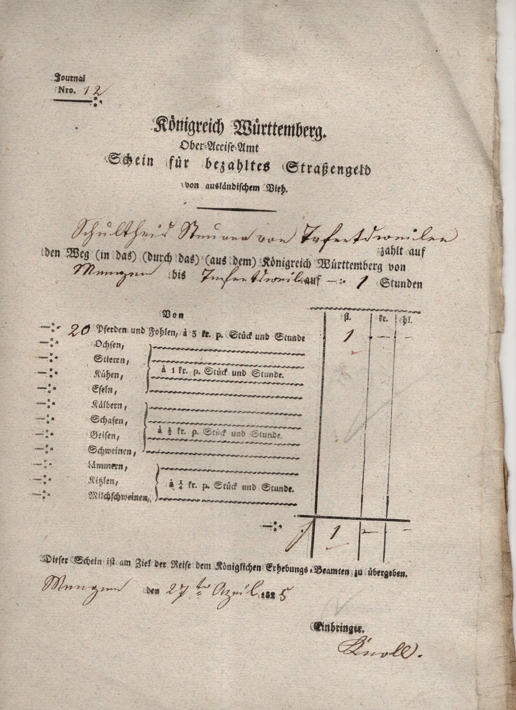 Schein für bezahltes Straßengeld Königreich Württemberg 1825 Dokumente Schein für bezahltes Straßengeld Königreich Württemberg 1825 Dokumente