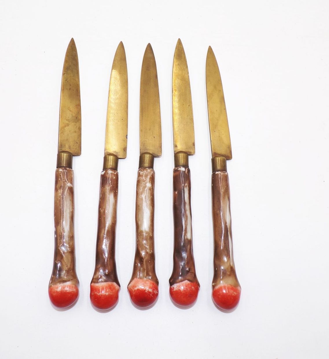 Alte Obstmesser 5 Stück Stahl Bronze mit Porzellangriff Alte Obstmesser 5 Stück Stahl Bronze mit Porzellangriff