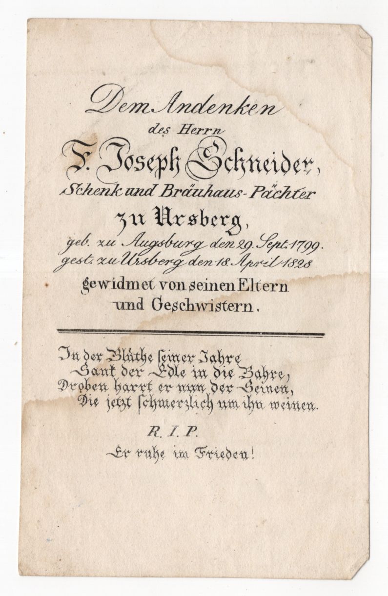Heiligenbild Heiliger Josephus Klauber Augsburg 1828 Ursberg Brauhaus Sterbebild