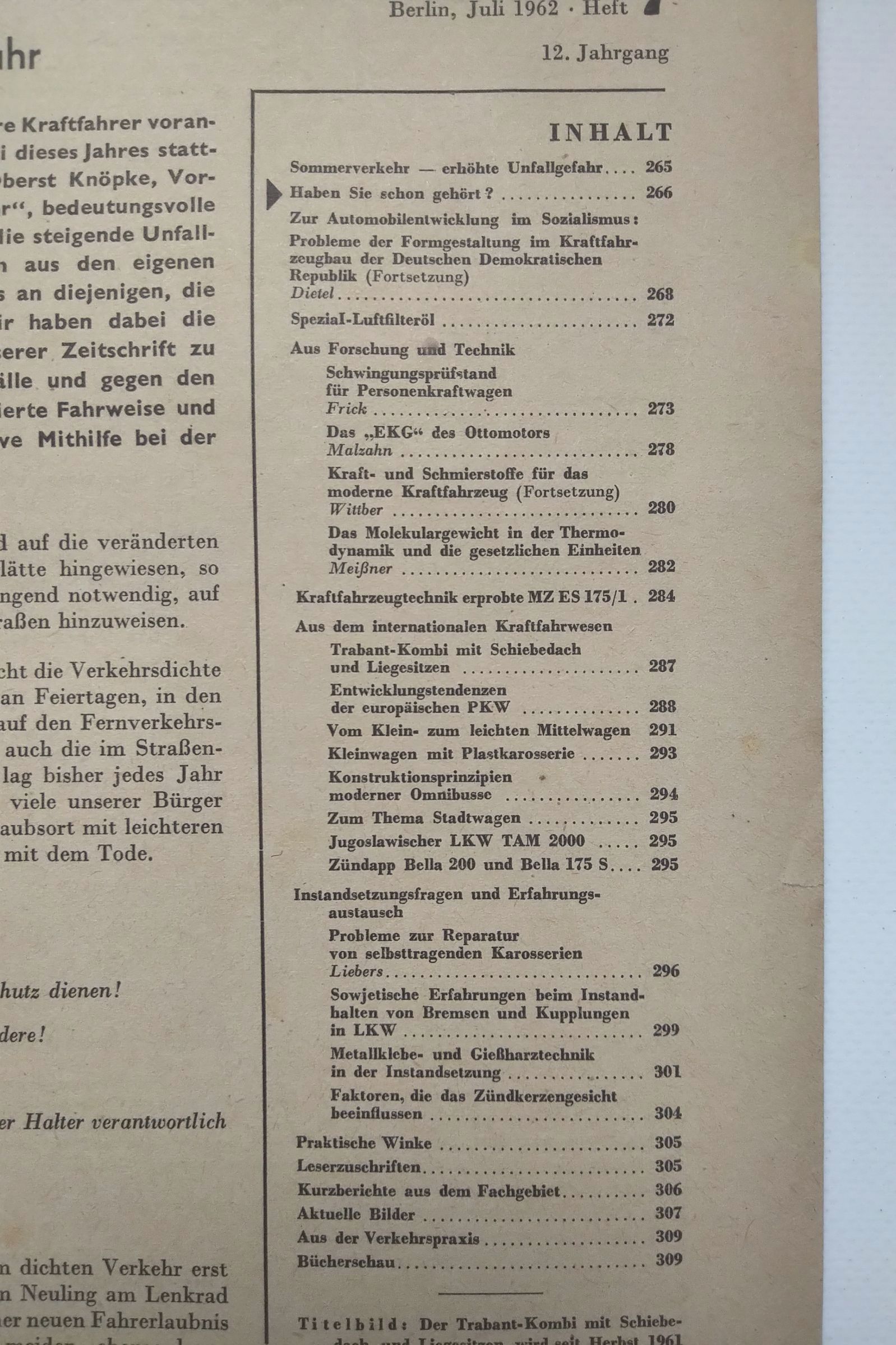 Kraftfahrzeugtechnik Zeitschrift DDR Nr 7 Trabant Camping 1962 Kraftfahrzeugtechnik Zeitschrift DDR Nr 7 Trabant Camping 1962