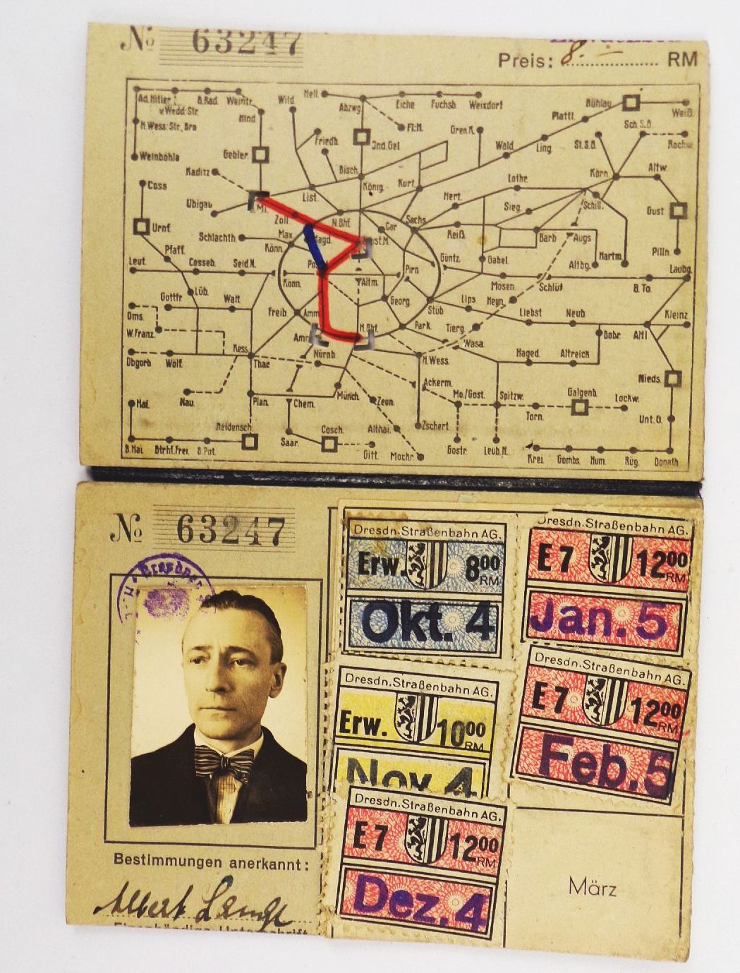 Dresdner Straßenbahn AG Monats Streckenkarte 1930 er Fahrschein Dresdner Straßenbahn AG Monats Streckenkarte 1930 er Fahrschein