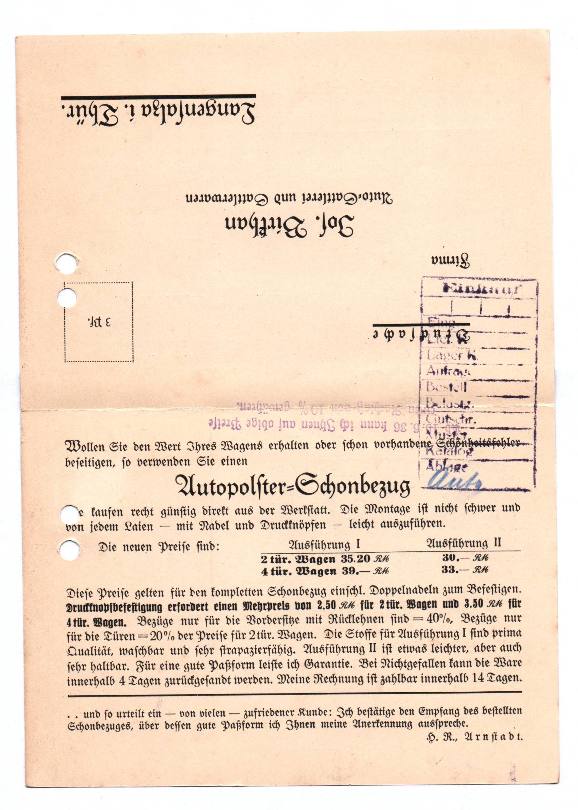 Langensalza Drucksache Birkhan Auto Sattlerei und Sattelwaren Langensalza Drucksache Birkhan Auto Sattlerei und Sattelwaren