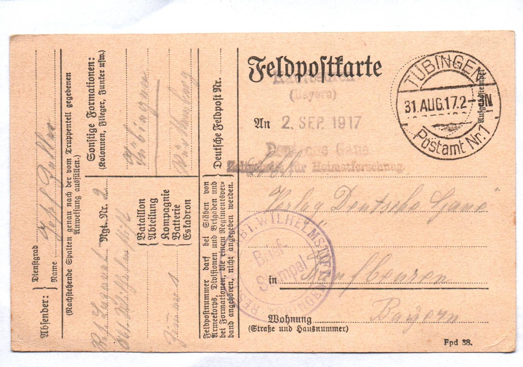 Feldpostkarte Tübingen 1917 Lazarett Wilhelmstift 