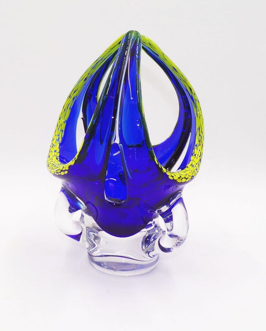 Alte Glaskorb Schale Glas blau gelb 