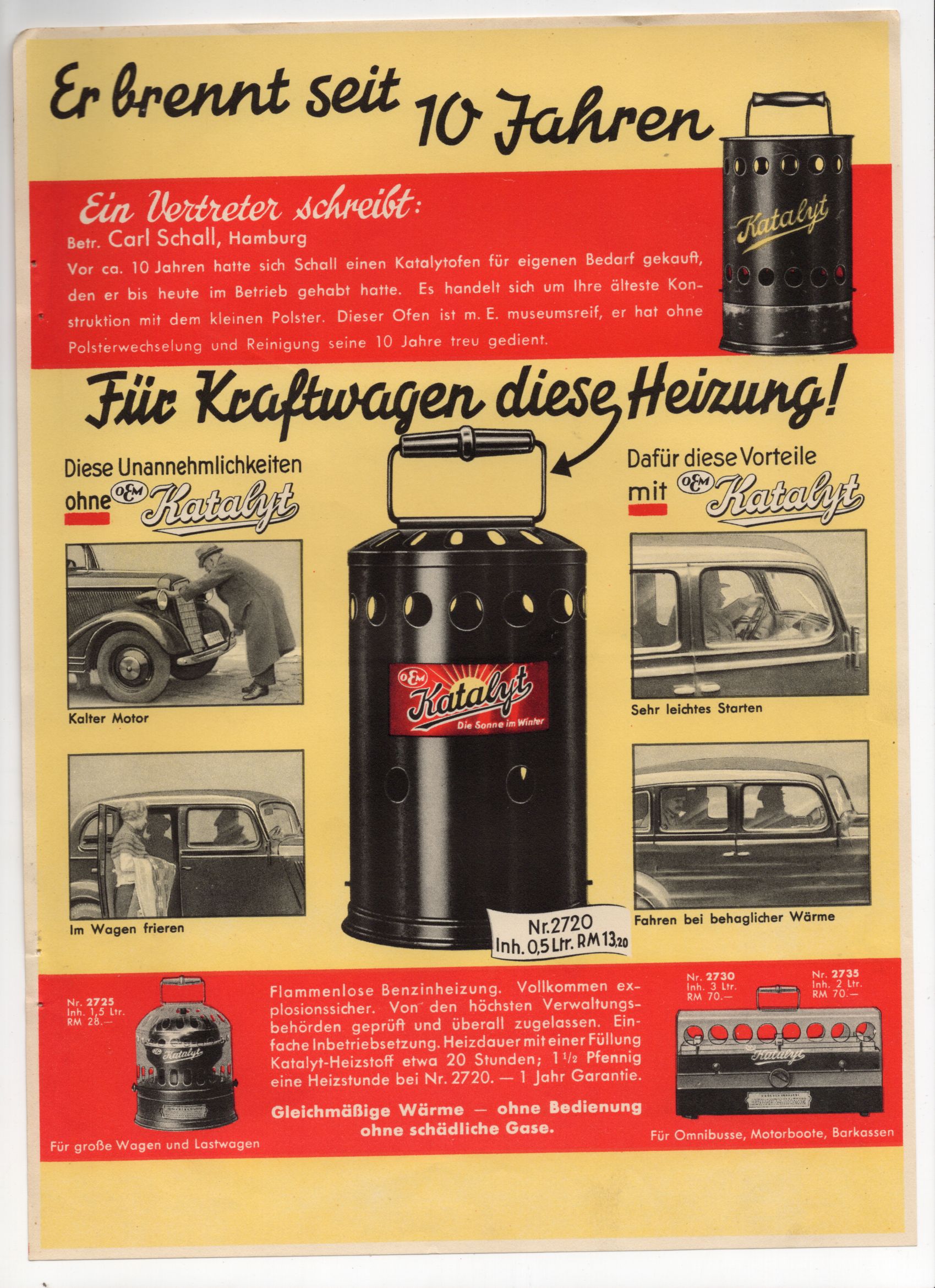 Altes Werbeblatt Katalyt Autoheizung Reklame Druck um 1935