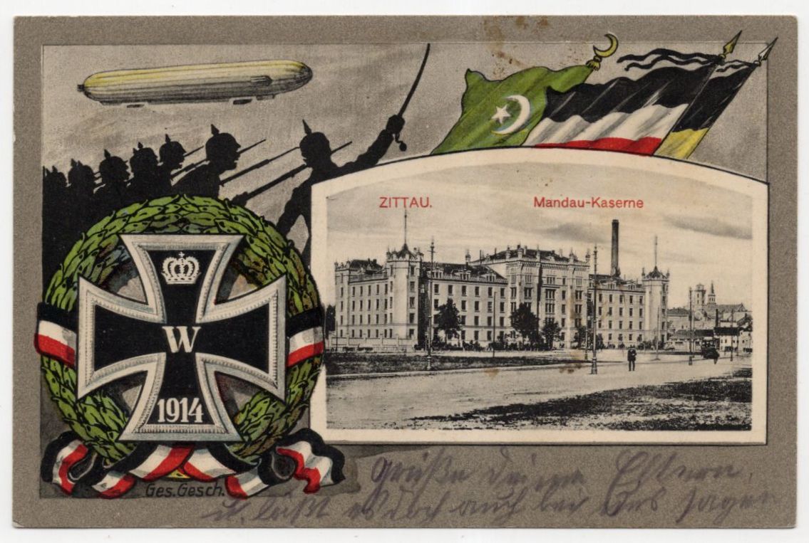 Ak Zittau Mandau Kaserne Eisernes Kreuz Zeppelin Türkei 1915