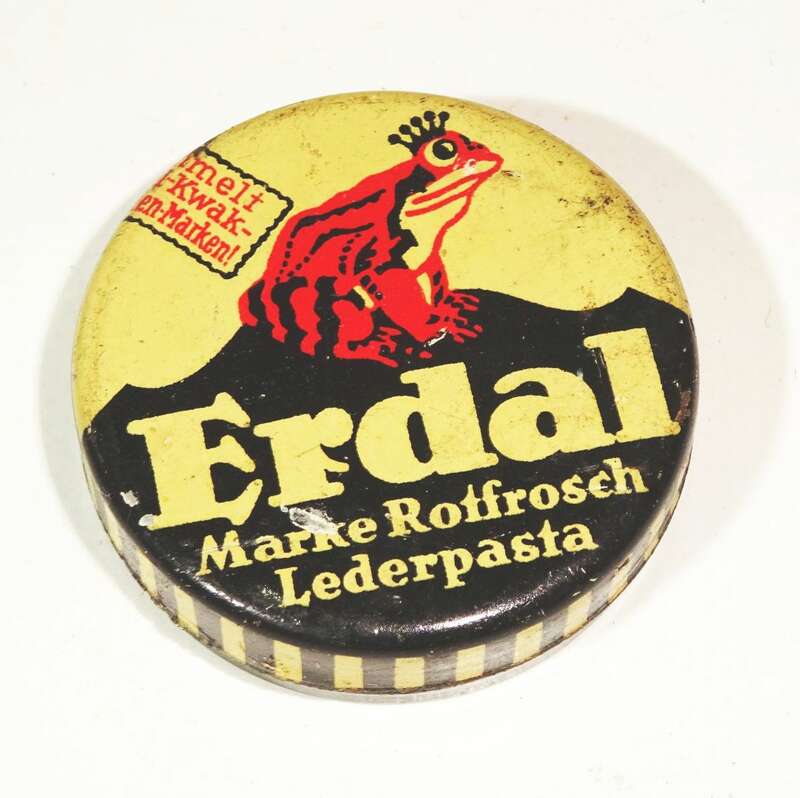 Alte Blechdose Erdal Rotfrosch Lederpasta Kaufmannsladendose 1930er 