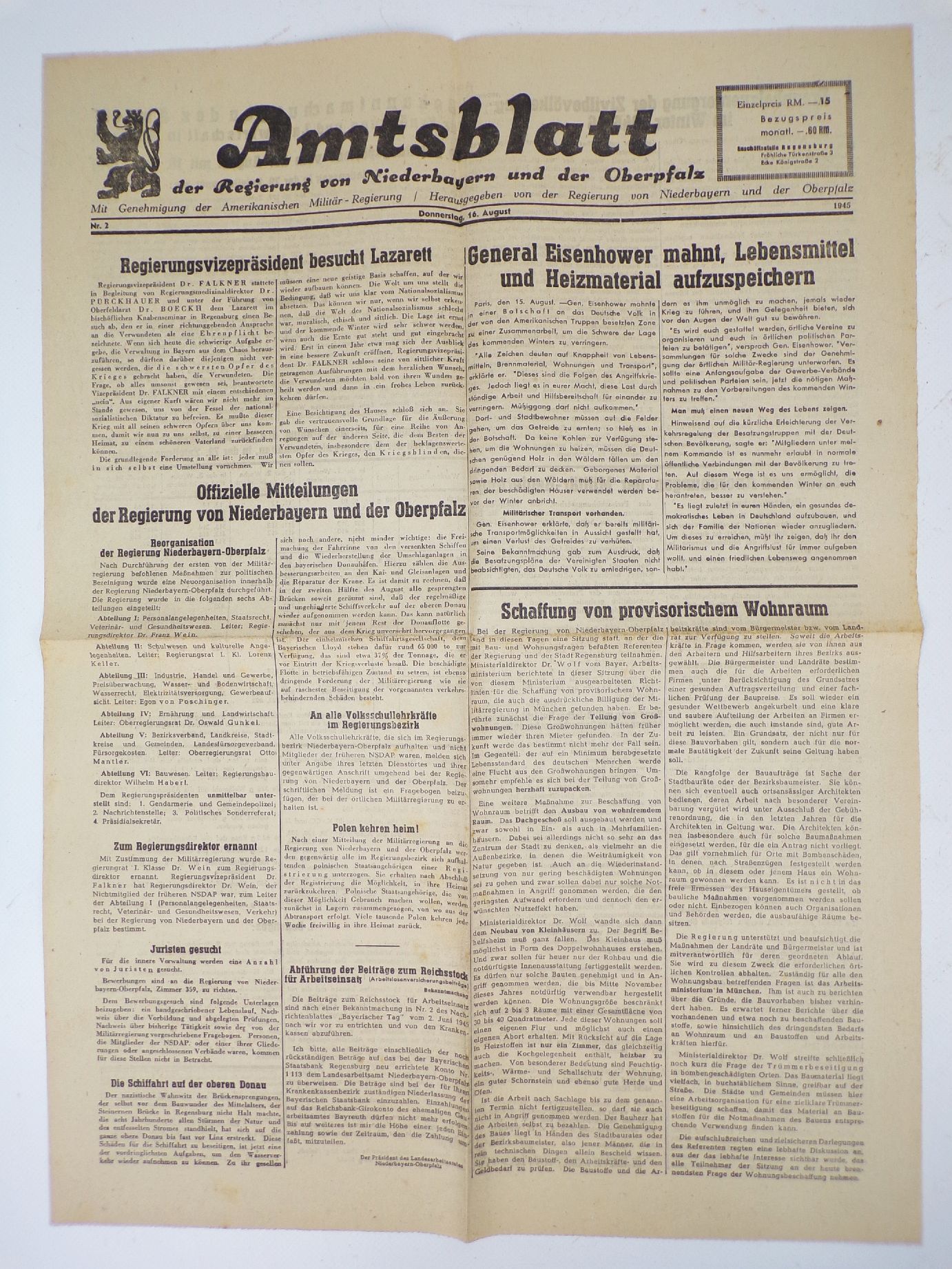 Amtsblatt August 1945 Niederbayern Oberpfalz Zeitzeugnis 4 x Zeitungen