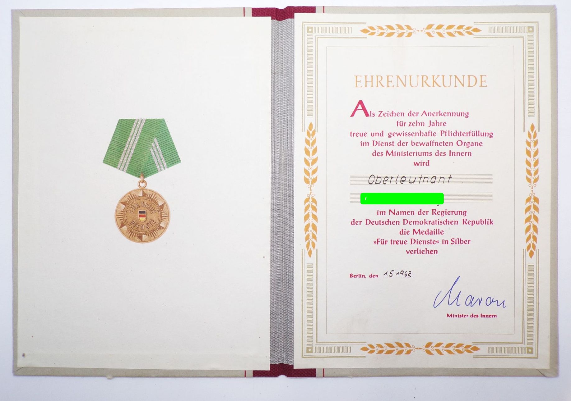 Urkunde Medaille Treue Dienste Silber 1962 MdI DDR 
