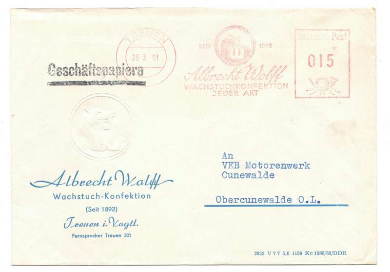 Firmen Brief Albrecht Wolf Wachstuch Konfektion Treuen Vogtland 1961 