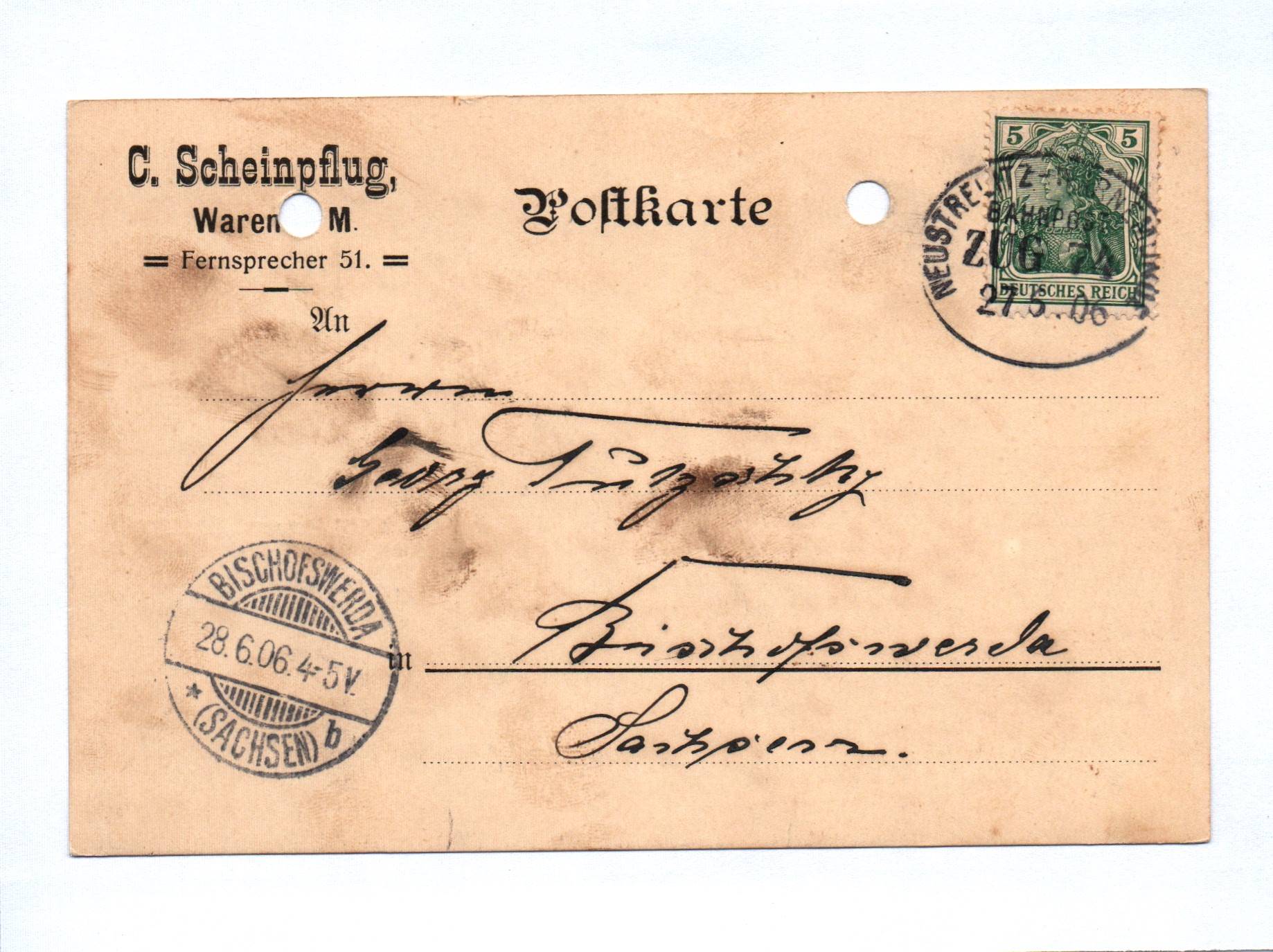 3x Bahnpost Waren Müritz Postkarte 1906
